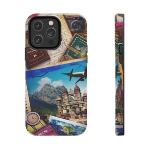 World Travel iPhone Case - Travel phone case - Vintage Scrapbook Design - Fits iPhone 11/12/13/14/15 - Stylish and Durable