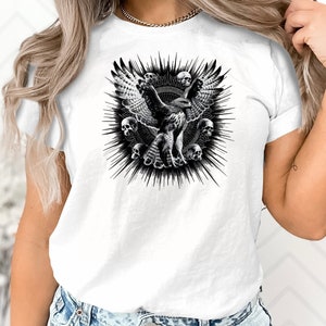 Hawk Skull Art Graphic T-Shirt, Gothic Animal Design Tee, Edgy Black and White Print Top, Unique Bird Skeleton Shirt