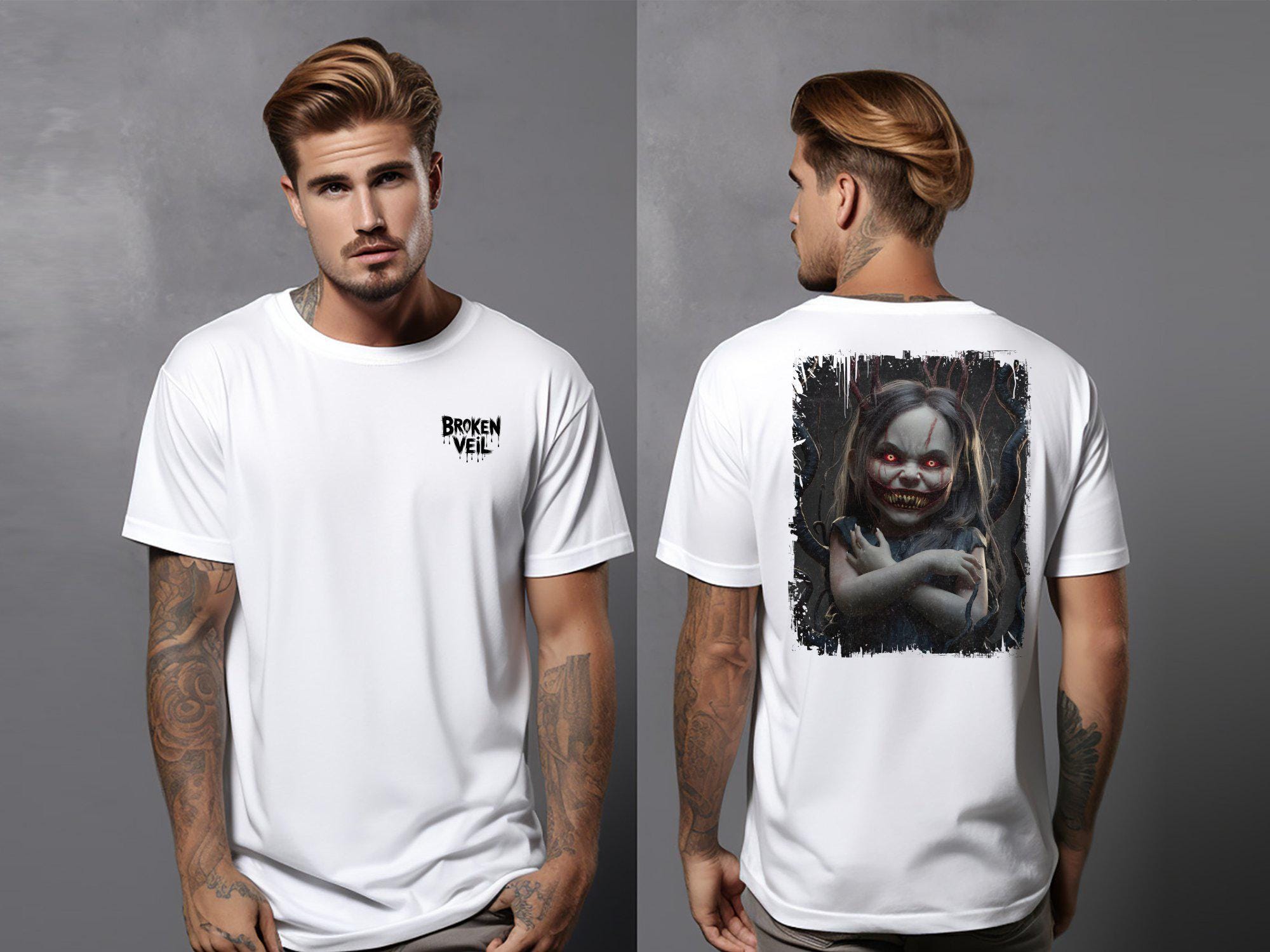 T-shirt Halloween Visage Poupée œil Effrayant - Taille L, Noir, 100% Coton, Neuf