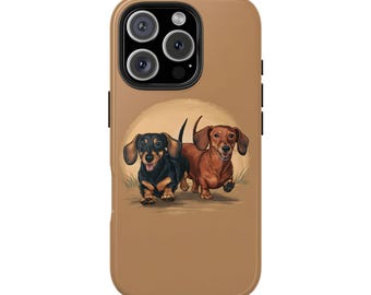 Könnte beinhalten: Eine braune iPhone-Hülle mit einem Bild von zwei Dackeln, die rennen. Die Dackel sind braun und schwarz. Die Hülle hat einen Ausschnitt für das Kameraobjektiv.