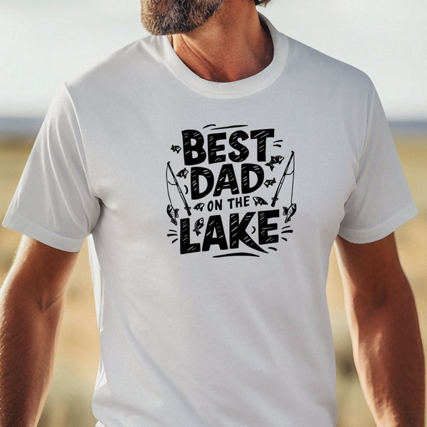 T-shirt de pêche Meilleur papa sur le lac, cadeau parfait pour la fête des pères, t-shirt graphique de pêche décontracté, noir et blanc