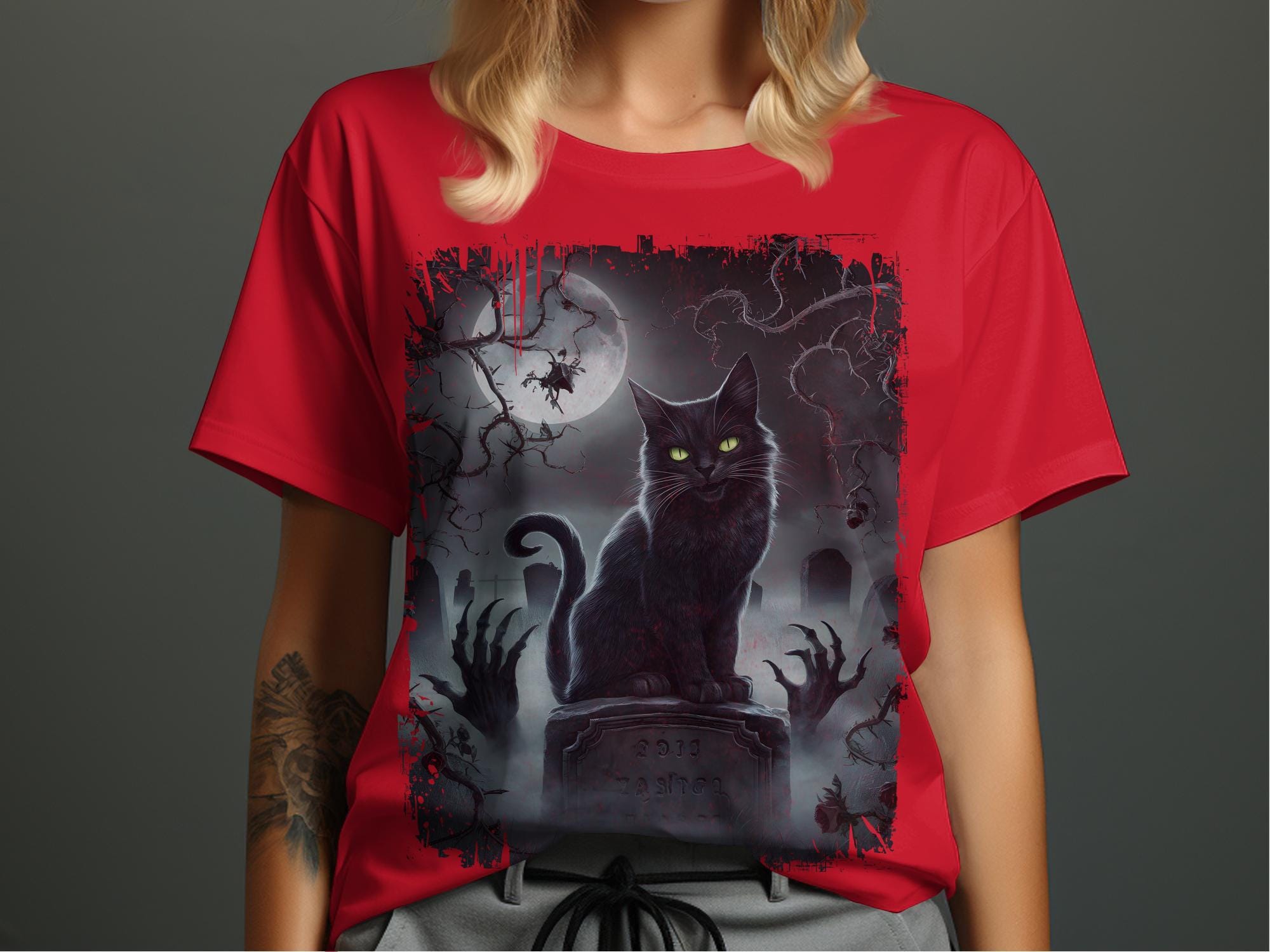 Black Cat T-shirt, Witchy Night Design Tee, Spooky Cat and