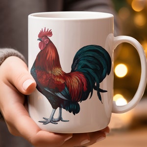Colorful Rooster Coffee Mug, Vibrant Farm Animal Art, Kitchen Decor, Gift for Chicken Lovers, 11oz and 15oz Sizes Available