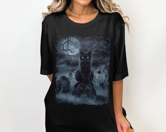 黒猫の墓石Tシャツ：不気味なハロウィンゴシックデザイン
