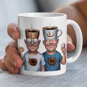 Design exclusivo de caneca de café, dois homens com canecas piscando, presente humorístico