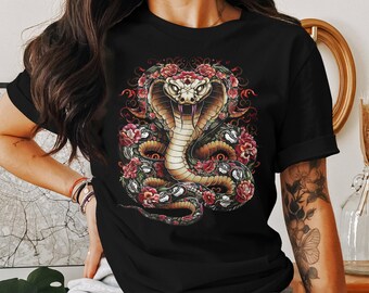 【CPGN STUDIO】Snake Flower Pigment Short Sleeve T-shirt Cobra Snake With Floral Design, Artistic Snake Illustration