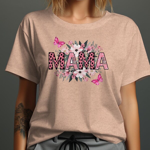 Floral Mama T-Shirt, Pink Flowers and Butterflies, Mother's Day Gift, Stylish Women's Fashion Top