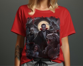 クラシックホラーモンスターTシャツ：吸血鬼、狼男、フランケン