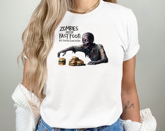 Zabawna koszulka z motywem zombie i fast foodu na Halloween