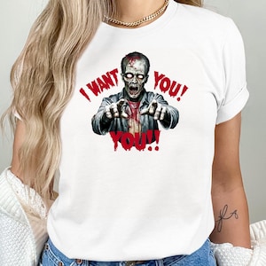 Halloween Zombie T-Shirt, Scary Zombie Graphic Tee, Horror Halloween Shirt, I Want You Zombie Design, Spooky Halloween Apparel