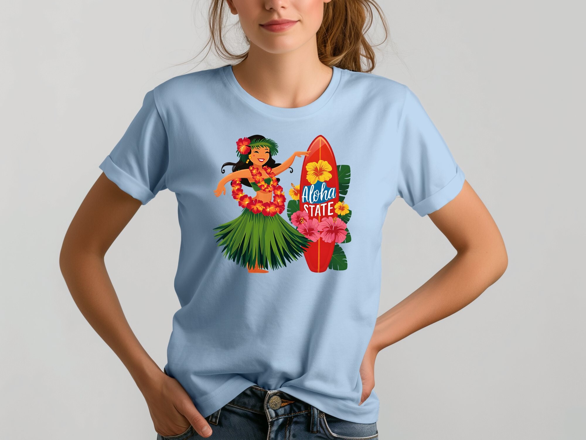 Hawaiian Hula Girl T-shirt, Aloha State Surfboard T-shirt