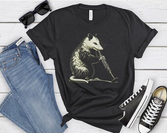 Possum playing the clarinet t-shirt, funny animal tee, unique music lover gift, vintage and distressed, possom