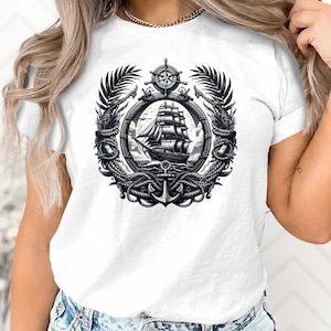 Nautical Ship and Anchor Graphic T-Shirt, Vintage Sailing Ship Tee, Sailor Maritime Fashion