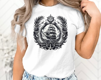 Camiseta gráfica de barco náutico y ancla, camiseta de velero vintage, moda marítima marinera