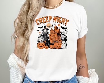Maglietta CREEP NIGHT, maglietta retrò di Halloween con strega e fantasma / Abbigliamento spettrale per le feste
