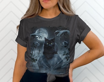 Black Cat Moon T-Shirt, Gothic Halloween Cat Tee, Creepy Cemetery Cat Print Shirt, Spooky Full Moon Black Cat T-Shirt
