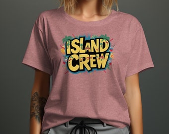 Island Crew tropisch grafisch T-shirt, kleurrijk zomershirt voor strandfeest, levendige vakantie-outfit