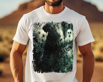 Camiseta de Halloween aterradora: Camiseta de arte oscuro con calavera fantasmal