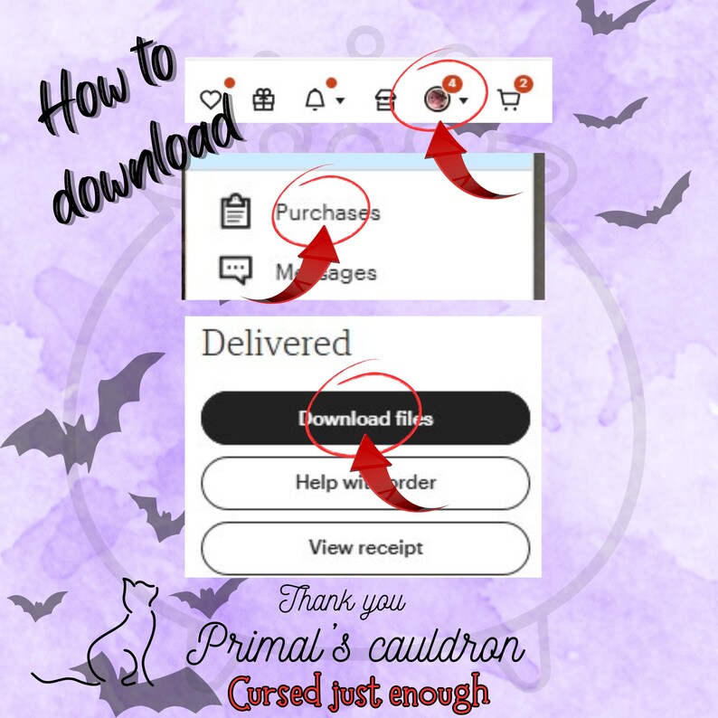 Puede incluir: Un gr&aacute;fico p&uacute;rpura con instrucciones sobre c&oacute;mo descargar archivos. El texto incluye "How to download", "Purchases", "Download files" y "Thank you Primal's cauldron Cursed just enough". Tambi&eacute;n hay murci&eacute;lagos decorativos y un gato.
