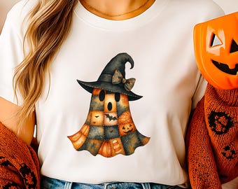Quilted Witch Ghost PNG: Halloween Patchwork Clipart (Digital Download)