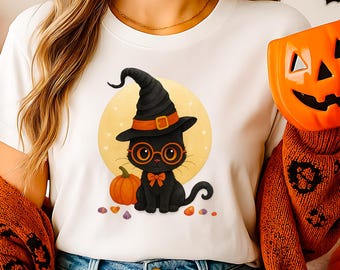 Black Cat Witch Halloween PNG: Pumpkin & Glasses (Digital Download)