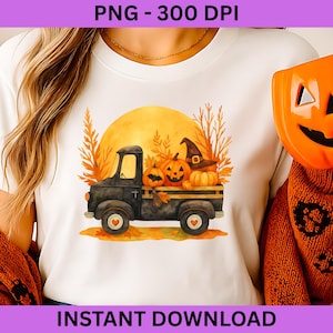 Vintage halloweentruck, png, pompoenen en lantaarns