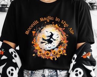 Strega magica al chiaro di luna PNG, strega volante di Halloween Clipart, disegno a sublimazione con manico di scopa della luna autunnale