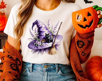 Purple Witch Hat and Broom with Black Cat PNG | Watercolor Halloween Clipart