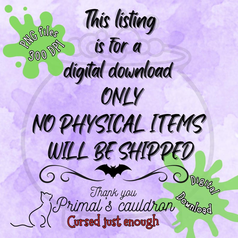 Puede incluir: Anuncio de descarga digital con texto: "Este anuncio es S&Oacute;LO para una descarga digital. No se enviar&aacute;n art&iacute;culos f&iacute;sicos." Incluye un murci&eacute;lago, un gato y las palabras "Primal's cauldron Cursed just enough".