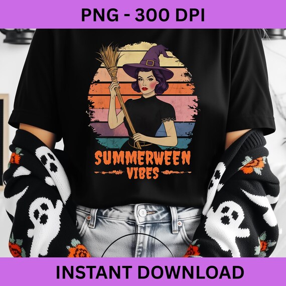 Summerween Vibes PNG | Witch with Broom Halloween in Summer Design