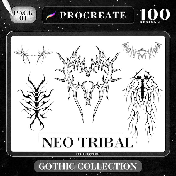 100 Neo Cyber Tribal Procreate Stamps | INSTANT DOWNLOAD | Gothic Tattoo Design Bundle | Dark Art Brushes | Commercial Use