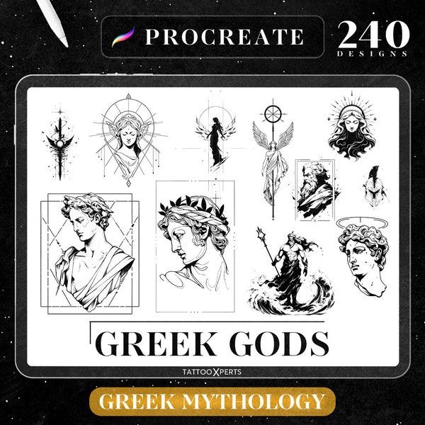 240 Griechische Götter Mythologie | SOFORTIGER DOWNLOAD | Olympische Briefmarken | Procreate Pinsel | Zeus Athene Kunst | Tattoo-Design-Bundle | Kommerzielle Nutzung