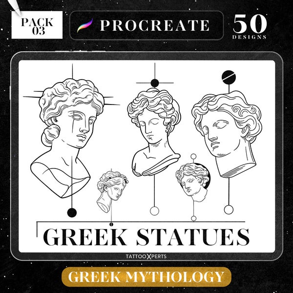 50 Greek Statues Mythology | Procreate Tattoo Brushes | Greek Ancient | Lineart Stamps | Minimalist | Commercial Use Included
