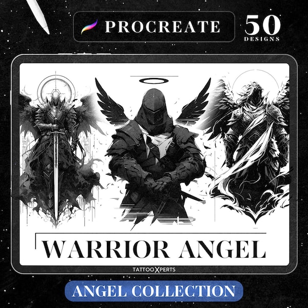 50 Warrior Angel Brushes | Procreate Tattoo Stamps | Heavenly Battle Art | Digital Download | Commercial Us