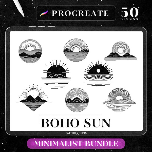 50 Minimalist Boho Sun Tattoo Designs - Procreate Brushes | Sea, Ocean, Surfer | INSTANT DOWNLOAD| Flash Stamps | Commercial Use Allowed