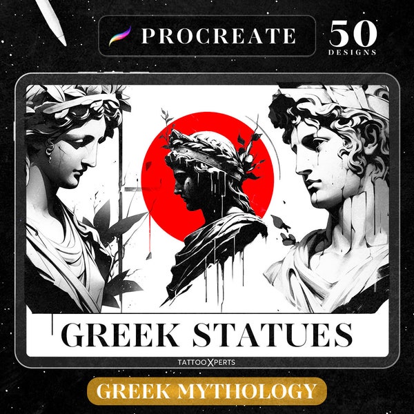 50 Greek Statues Tattoo Designs as Procreate Brushes | Greek Mythology Stamps | INSTANT DOWNLOAD | Template & Reference