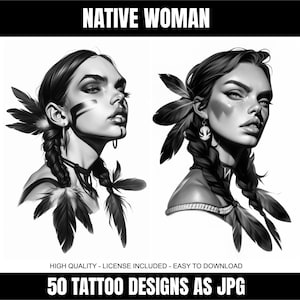 Native Woman JPG-ontwerpset | 50 digitale afbeeldingen van hoge kwaliteit | Prachtige tattoo-ontwerpen voor inheemse vrouwen | Digitale download