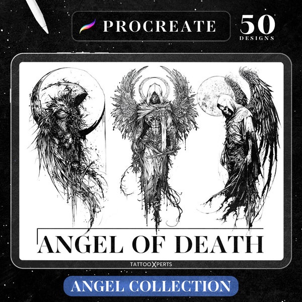 50 Angel of Death Designs | INSTANT DOWNLOAD | Realistic Stamps | Procreate Brushes | Tattoo Design | Gothic, Skull, Grim, Reaper, Skeleton.