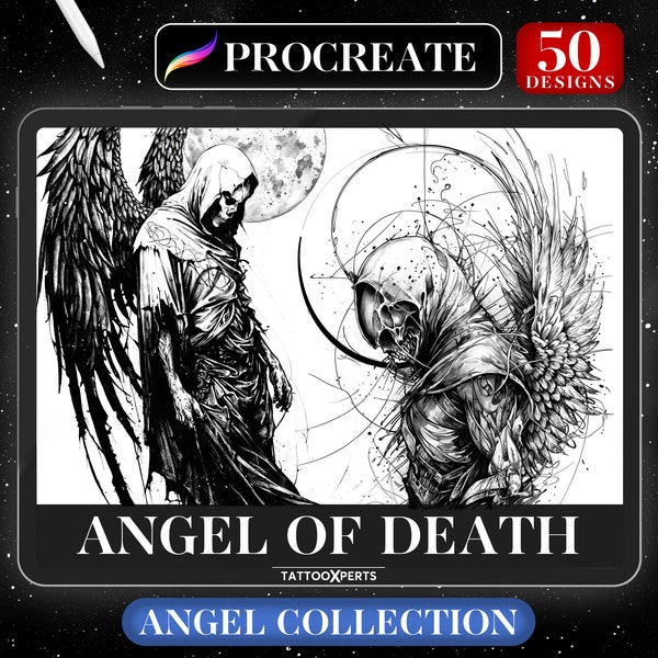 50 Angel of Death Designs | INSTANT DOWNLOAD | Realistic Stamps | Procreate Brushes | Tattoo Design | Gothic, Skull, Grim, Reaper, Skeleton.