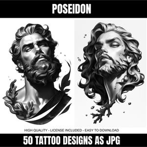 May include: Two black and white digital illustrations of Poseidon, the Greek god of the sea.  The first image shows Poseidon with a beard and a crown of seaweed. The second image shows Poseidon with long hair and a beard.  Both images are in a graphic style.