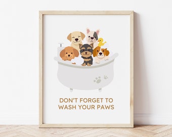 No te olvides de lavar tus patas impresión de arte del baño, lindo letrero de baño para perros, decoración de la pared del baño, impresión de mamá de perro, descarga digital de arte de pared para perros