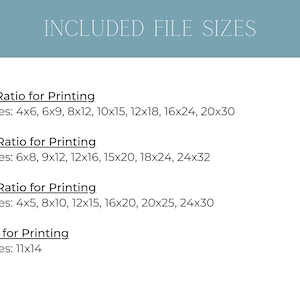 Puede incluir: Una gu&iacute;a de tama&ntilde;os de archivo de impresi&oacute;n digital con el texto "INCLUDED FILE SIZES". Enumera las proporciones de impresi&oacute;n y los tama&ntilde;os en pulgadas correspondientes: 2x3, 3x4, 4x5 y 11x14. El fondo es de color verde azulado claro.