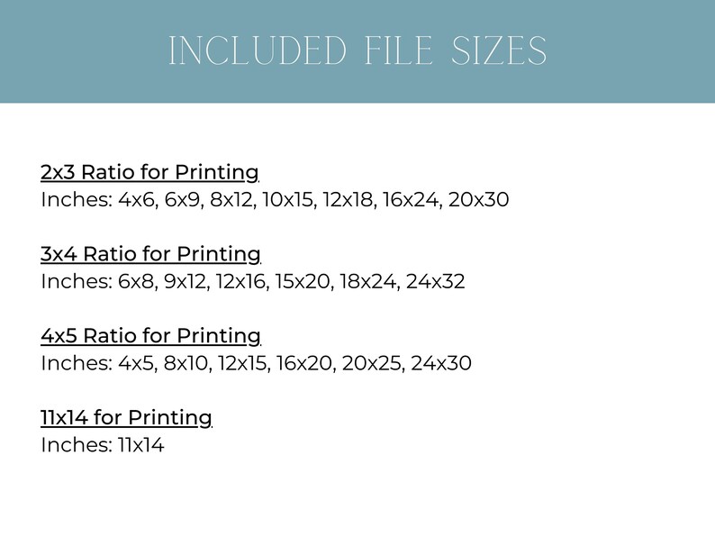 Puede incluir: Una gu&iacute;a de tama&ntilde;os de archivo de impresi&oacute;n digital con el texto "INCLUDED FILE SIZES". Enumera las proporciones de impresi&oacute;n y los tama&ntilde;os en pulgadas correspondientes: 2x3, 3x4, 4x5 y 11x14. El fondo es de color verde azulado claro.