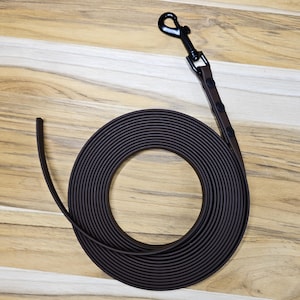 May include: A dark brown dog training leash with a black metal clasp and a matching leather handle. The leash is coiled in a circular shape on a wooden surface.