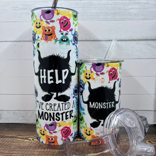 Monster Sippy Cup & Mama Cup Set, 12oz kids sippy cup with lid and straw, 20oz Tumbler for mom, Matching Monster Cups