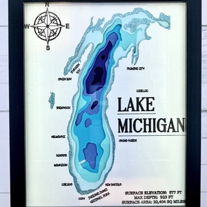 Lake Michigan 3D Map Shadow Box - Unique Paper Art for Home Decor and Gifts | 8x10