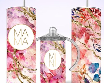 Mama and Mini Tumblers: Floral Stainless Steel Matching Gift Set