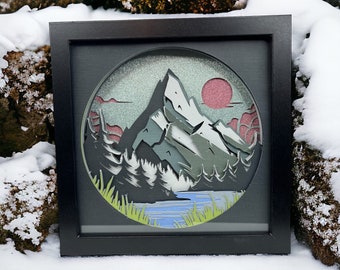 Snowy Mountain Sunset 3D Shadow Box Art, Layered Paper, Framed Paper Art, Mountain Home Decor, Outdoor Art, 3D, Framed Wall Art, Friend Gift