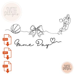 May include: Black and white line art design featuring a basketball, a bow, and a basketball player. The words "Game Day" are written in cursive. Includes PNG, EPS, and SVG file icons.