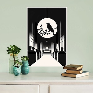 May include: Black and white illustration of a church interior with a bird perched on a branch in a round window. The bird is facing left and the church pews are filled with people.